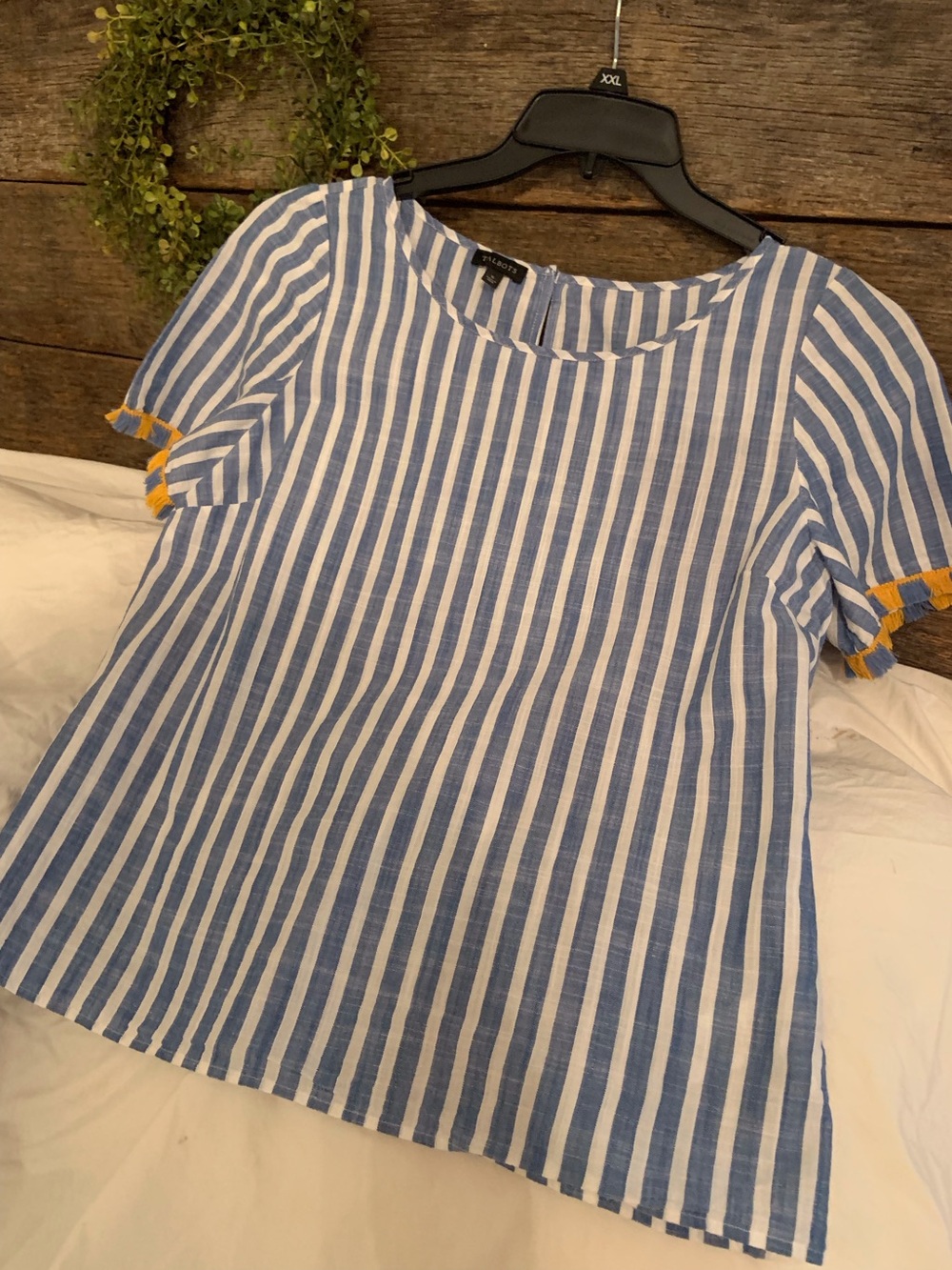 Talbots Summer Blue and White Blouse Fringe trim Beachy Cruise wear Misses Small